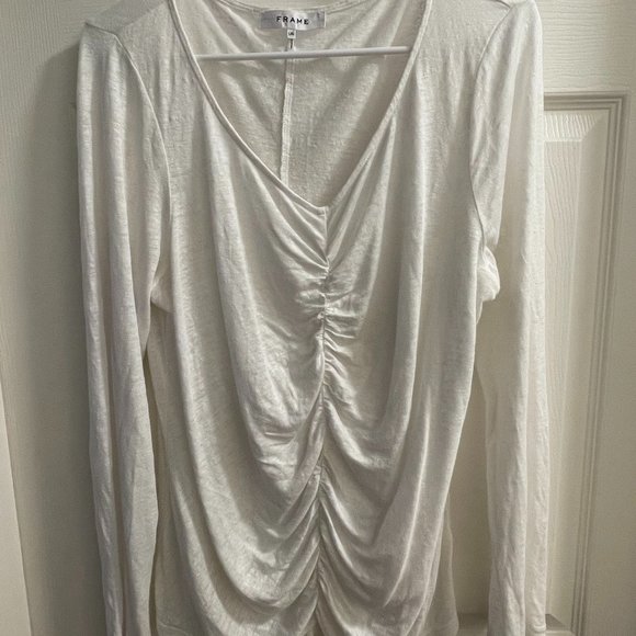 EUC Frame Women's White Sheer Linen Shirred Top Size L - Picture 1 of 6